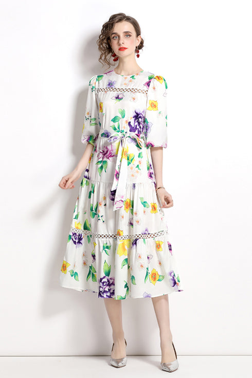 Runway Fashion Enchanting Floral Print, Hollow out Lace, Ruffled, Belted, Party, Holiday Women's Dress